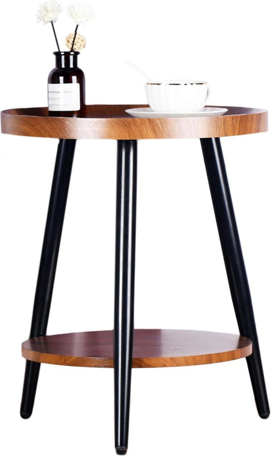 Ronde Bijzettafel met 2 Planken en Stalen Frame – Walnootkleurig MDF, 40 x 48 cm 0