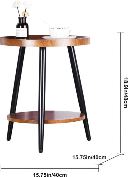 Ronde Bijzettafel met 2 Planken en Stalen Frame – Walnootkleurig MDF, 40 x 48 cm 4