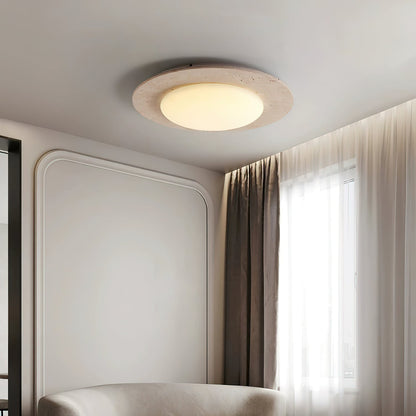 Plafondlamp van Geel Travertijn en Massief Hout – LED Plafonniere voor Slaapkamer en Woonkamer, Ø 30 cm