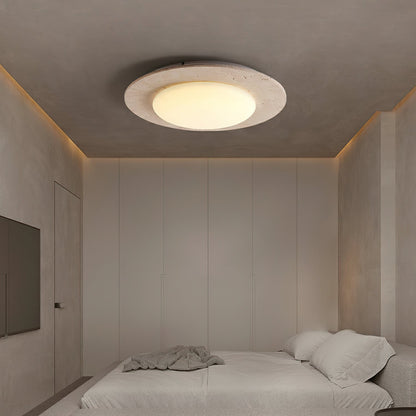 Plafondlamp van Geel Travertijn en Massief Hout – LED Plafonniere voor Slaapkamer en Woonkamer, Ø 30 cm