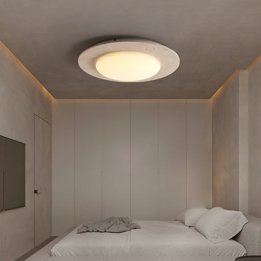 Plafondlamp van Geel Travertijn en Massief Hout – LED Plafonniere voor Slaapkamer en Woonkamer, Ø 30 cm