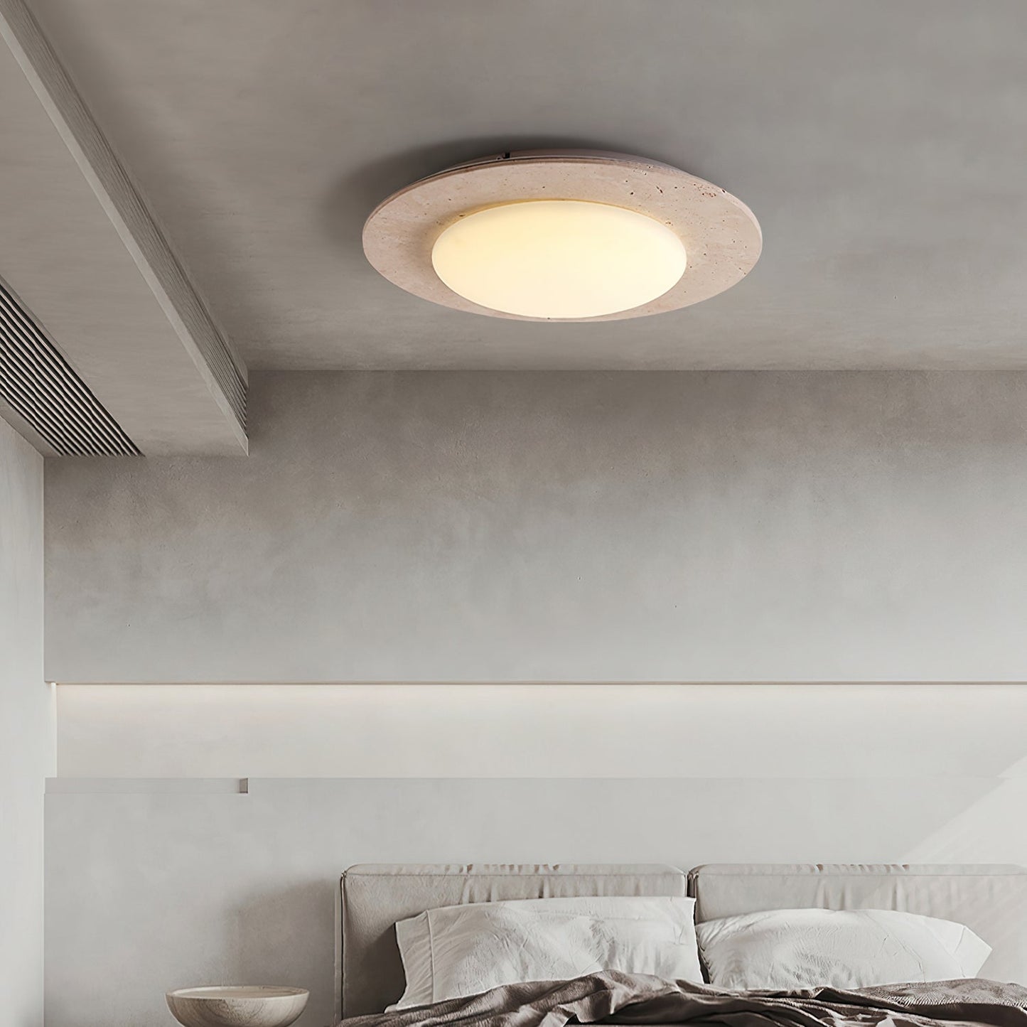 Plafondlamp van Geel Travertijn en Massief Hout – LED Plafonniere voor Slaapkamer en Woonkamer, Ø 30 cm
