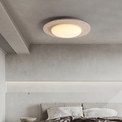 Plafondlamp van Geel Travertijn en Massief Hout – LED Plafonniere voor Slaapkamer en Woonkamer, Ø 30 cm