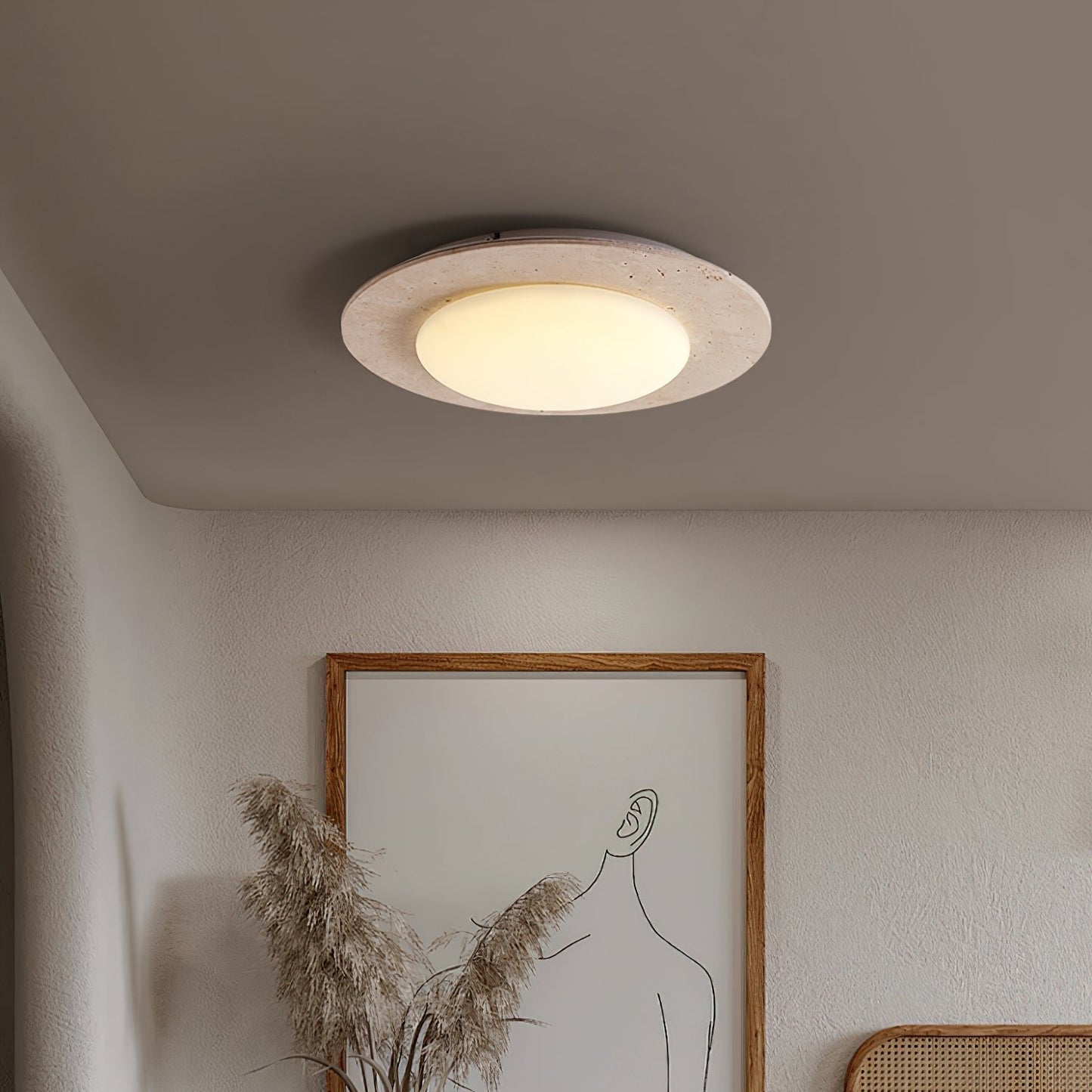Plafondlamp van Geel Travertijn en Massief Hout – LED Plafonniere voor Slaapkamer en Woonkamer, Ø 30 cm