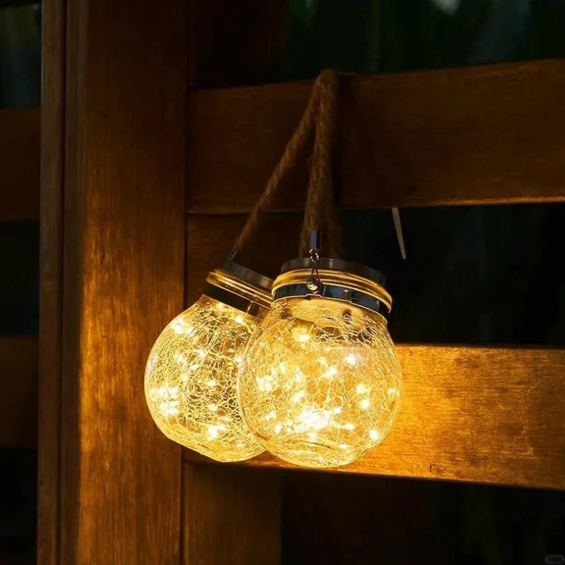Solar Tuinlantaarn met Craquelé Glas en Jute Handvat – Automatische Schemersensor en Weerbestendig voor Buitengebruik 2