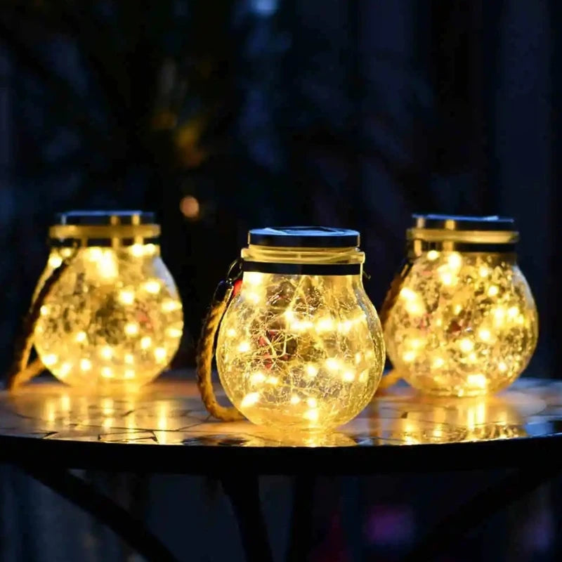 Solar Tuinlantaarn met Craquelé Glas en Jute Handvat – Automatische Schemersensor en Weerbestendig voor Buitengebruik 3