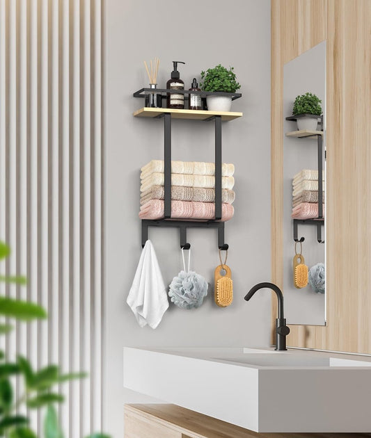 Wandmontage Handdoekrek Zwart met Plank en Haken – Ruimtebesparend Badkamer Handdoekhouder van Hout en IJzer 1