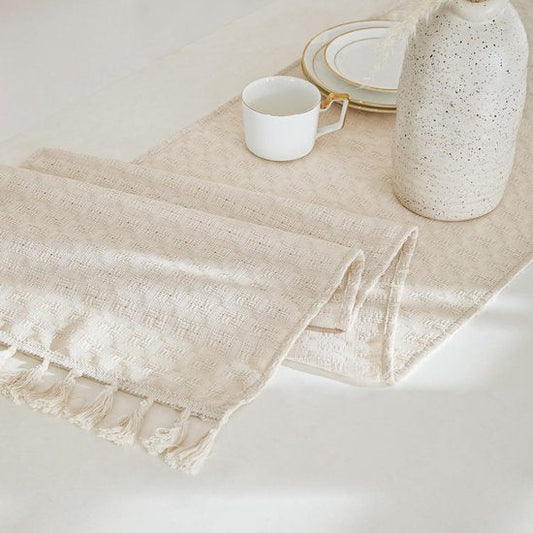 Wasbare Beige Tafelloper van Linnenlook – Geruit en Opengewerkt, 40 x 240 cm voor Woonkamer en Keuken 0