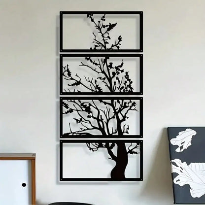 Zwarte Metalen Wanddecoratie Levensboom Silhouet Set van 4 voor Woonkamer – Stijlvolle Art Deco Muurdecoratie 0