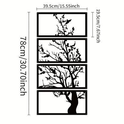 Zwarte Metalen Wanddecoratie Levensboom Silhouet Set van 4 voor Woonkamer – Stijlvolle Art Deco Muurdecoratie 1