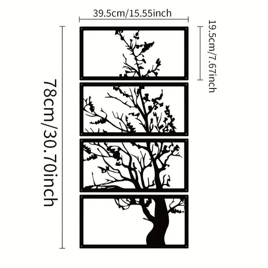 Zwarte Metalen Wanddecoratie Levensboom Silhouet Set van 4 voor Woonkamer – Stijlvolle Art Deco Muurdecoratie 1