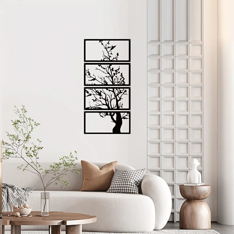 Zwarte Metalen Wanddecoratie Levensboom Silhouet Set van 4 voor Woonkamer – Stijlvolle Art Deco Muurdecoratie 2