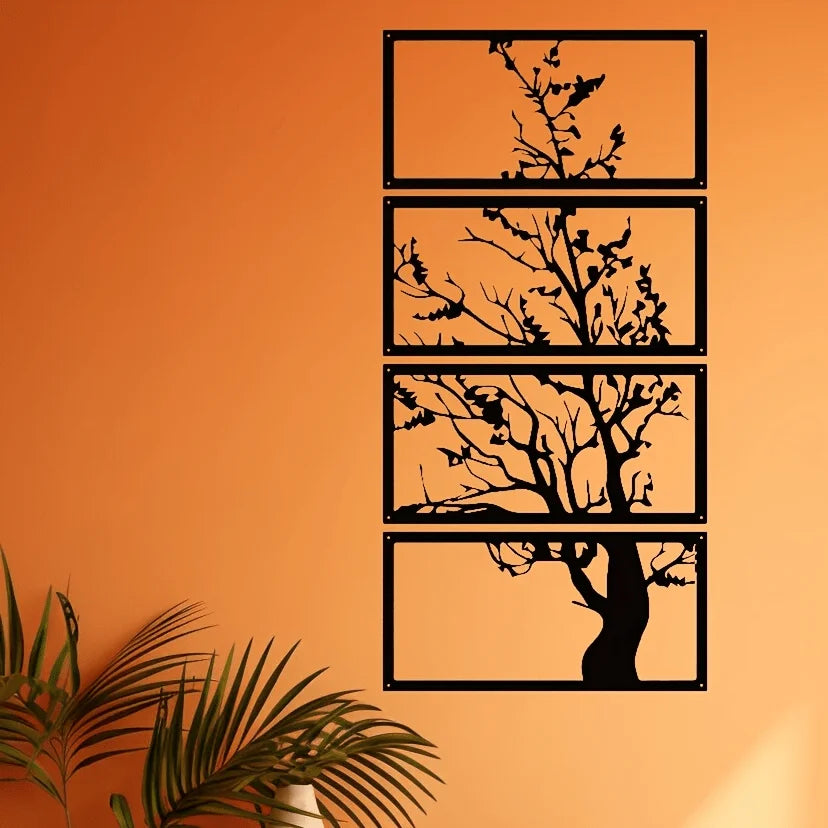 Zwarte Metalen Wanddecoratie Levensboom Silhouet Set van 4 voor Woonkamer – Stijlvolle Art Deco Muurdecoratie 3