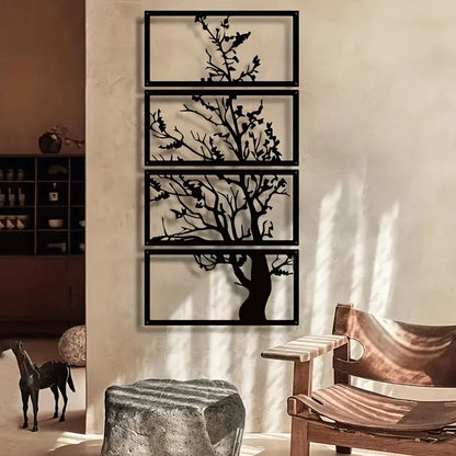 Zwarte Metalen Wanddecoratie Levensboom Silhouet Set van 4 voor Woonkamer – Stijlvolle Art Deco Muurdecoratie 5