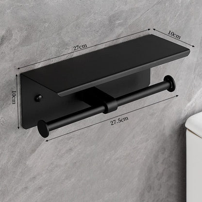 Zwarte WC Rolhouder met Plankje - Ruimtebesparend en Zonder Boren, Staande en Muurmontage WC Papier Houder 2