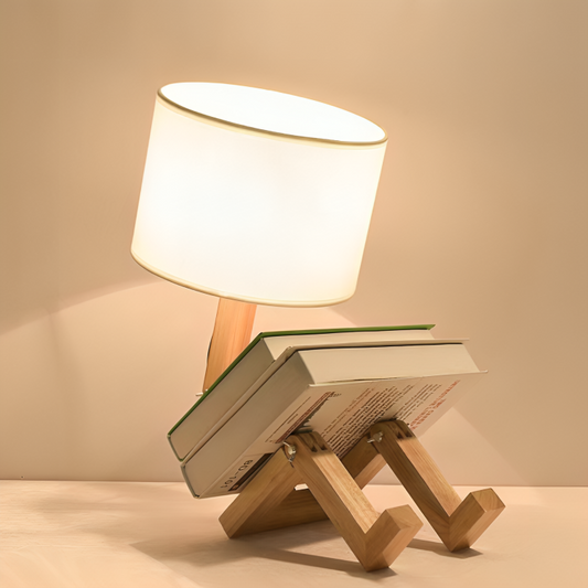 Scandinavische Tafellamp met Boekenplank en Verstelbare Verlichting – Wit en Houtkleur, 44 cm Hoog