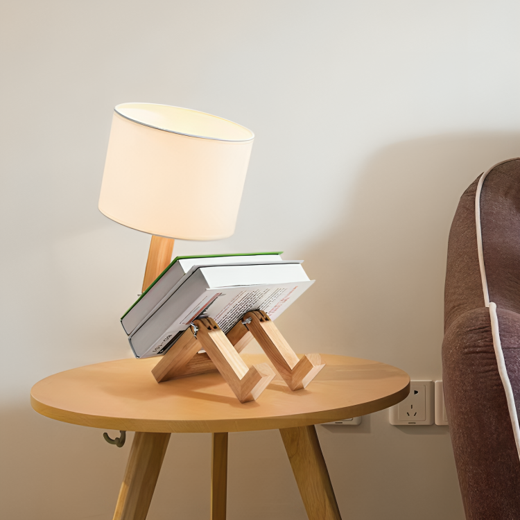 Scandinavische Tafellamp met Boekenplank en Verstelbare Verlichting – Wit en Houtkleur, 44 cm Hoog