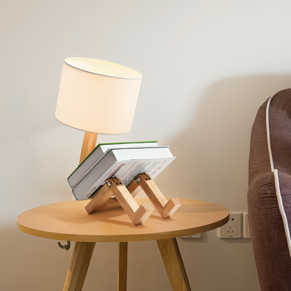 Scandinavische Tafellamp met Boekenplank en Verstelbare Verlichting – Wit en Houtkleur, 44 cm Hoog