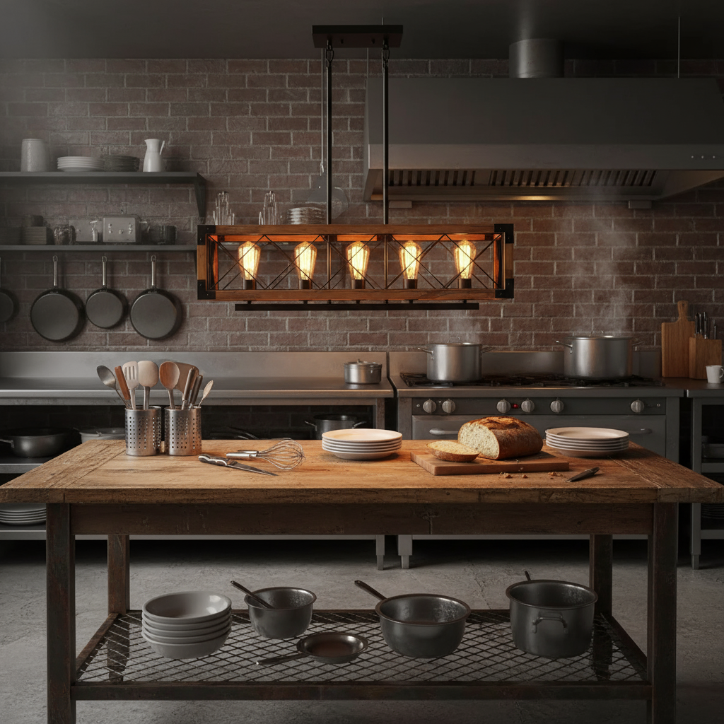 L'Atelier | Industriële Hanglamp met Hout en Vijf Verlichtingspunten