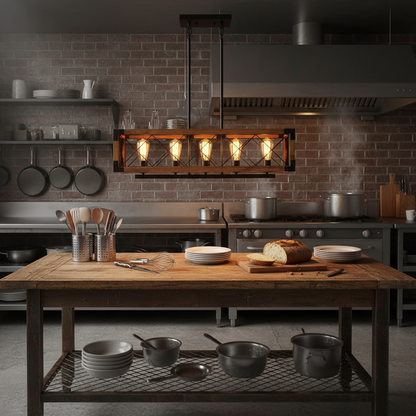 L'Atelier | Industriële Hanglamp met Hout en Vijf Verlichtingspunten