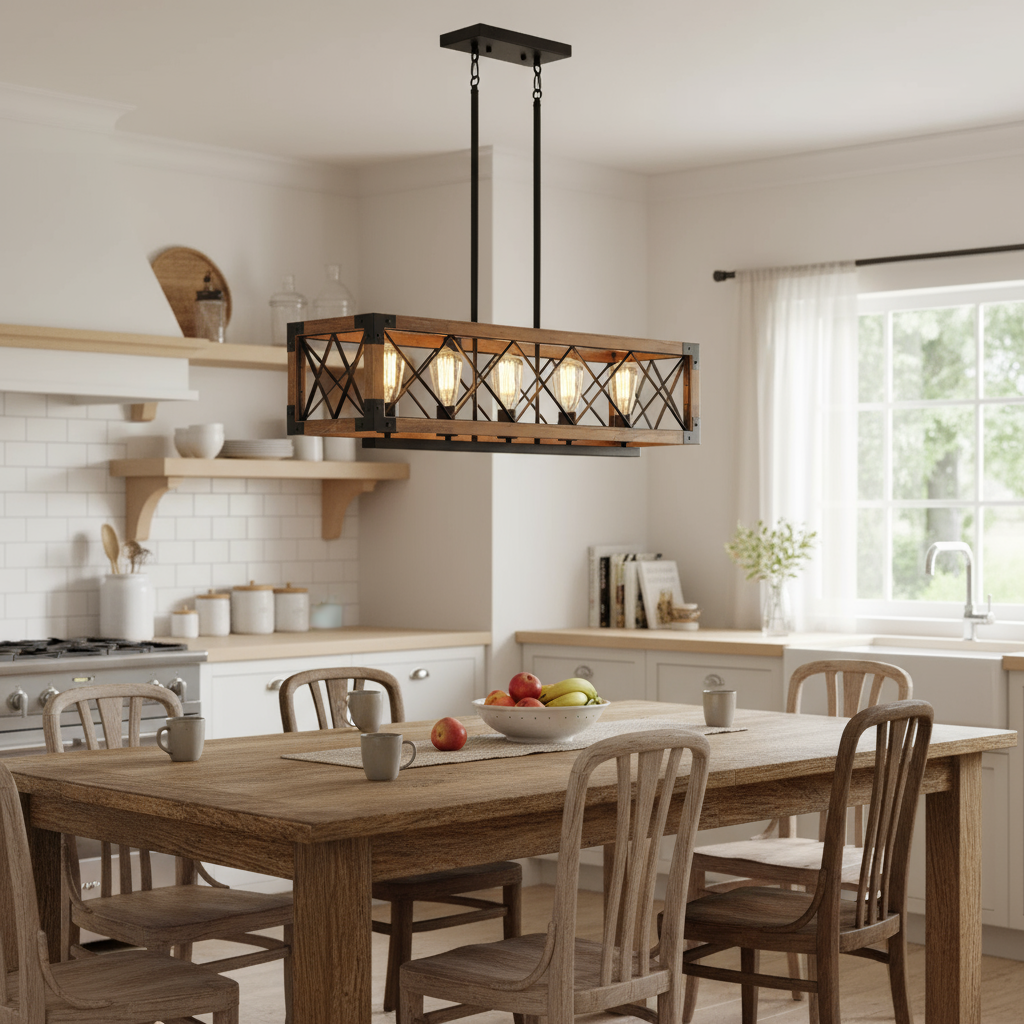 L'Atelier | Industriële Hanglamp met Hout en Vijf Verlichtingspunten