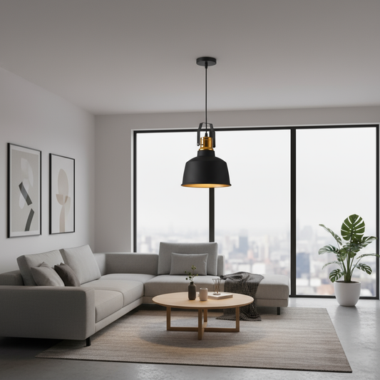 Industriële Zwarte Hanglamp met Gouden Accenten voor Woonkamer en Eettafel – Stijlvolle Verlichting