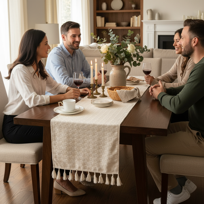 Wasbare Beige Tafelloper van Linnenlook – Geruit en Opengewerkt, 40 x 240 cm voor Woonkamer en Keuken
