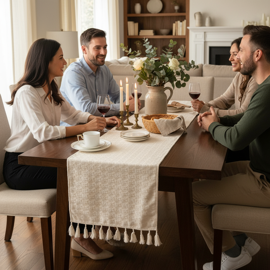 Wasbare Beige Tafelloper van Linnenlook – Geruit en Opengewerkt, 40 x 240 cm voor Woonkamer en Keuken