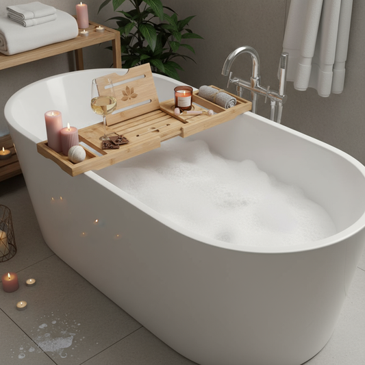 Uitschuifbare Bamboe Badplank met Tablethouder en Wijnhouder – 70-105 cm, Duurzaam en Waterbestendig